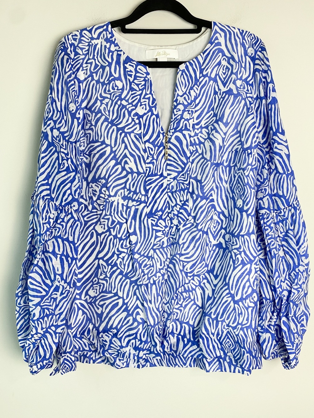 Lilly Pulitzer Womens Laurelie Blouse 8 Martinique Blue Zee Bebe Zebra Linen